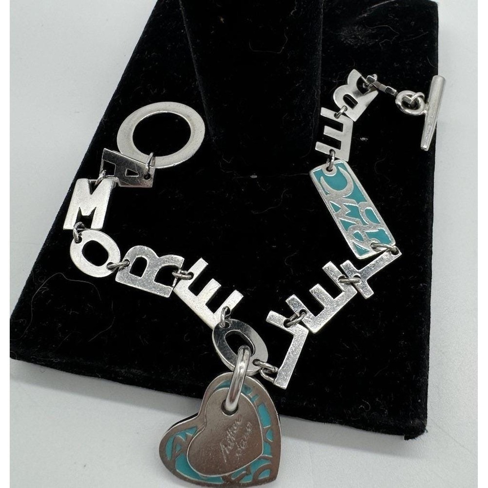 Sterling Silver Amore Liberte Heart Charm Toggle Bracelet Turquoise Enamel 7.5in
